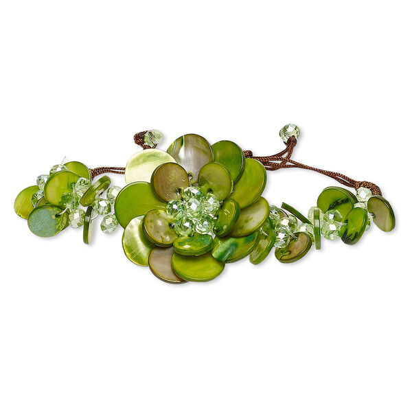 Bracelet, freshwater pearl shell (dyed) / felt / glass / waxed cotton cord, green / brown / white, 45mm flower, adjustable from 6 to 9-1/2 inches with macramé knot closure. Sold individually. image number 0