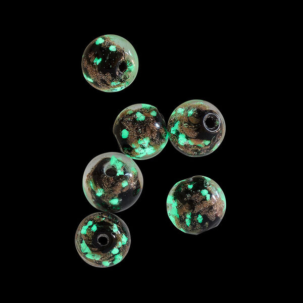 Bead, lampworked glass, clear / black / glow-in-the-dark / gold, 8mm round. Sold per pkg of 6. image number 1