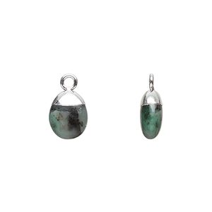 Emerald / copper / sterling silver 1pkg1, silver-plated hand-cut puff oval drop 10x8mm