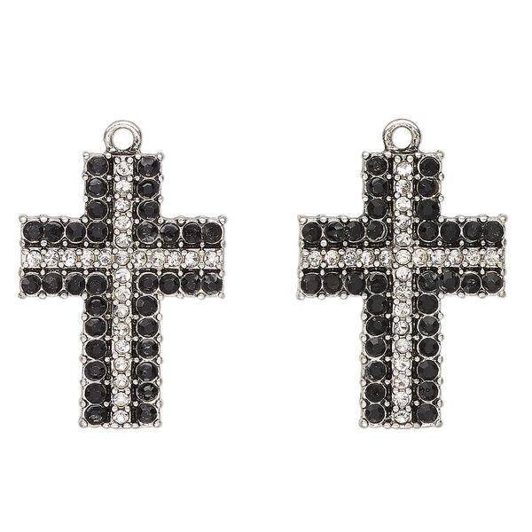 Drop, antique silver-finished "pewter" (zinc-based alloy) and glass, clear and black, 29x21mm-29x22mm cross. Sold per pkg of 2. image number 0