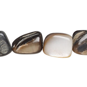 Bead mix, black lip shell / brown lip shell / gold lip shell / mother-of-pearl shell (natural), extra-large chip and mini to medium nugget, Mohs hardness 3-1/2. Sold per (5) 15" to 16" strands.