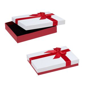 Gift box, cardboard / paper / velveteen / nylon, red shimmer / white / black, 1 x 4-1/2 x 6-inch rectangle with ribbon and bow. Sold per pkg of 12.