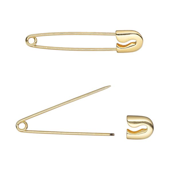 Safety pin, stainless steel and gold-plated brass, 2-3/8 inches. Sold per pkg of 10. image number 0