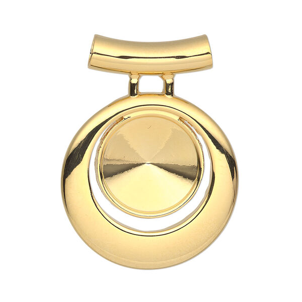 Pendant, Almost Instant Jewelry®, gold-finished "pewter" (zinc-based alloy), 34x26mm single-sided round go-go, 3.5mm hole with 14mm rivoli setting and tube bail. Sold individually. image number 0
