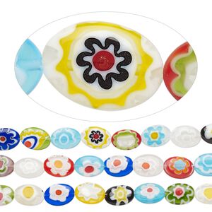 Bead mix, millefiori glass, translucent multicolored, 14x10mm puffed oval with flower design. Sold per pkg of (3) 14-inch strands.