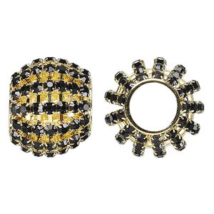 Bead, glass rhinestone and gold-finished brass, black, 25x20mm barrel with 3mm chatons, 11.5mm hole. Sold individually.