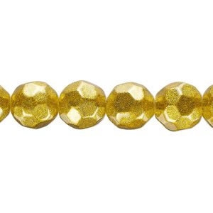 Bead, glass, translucent gold, 9-10mm faceted round with glitter. Sold per 8-inch strand, approximately 20 beads.