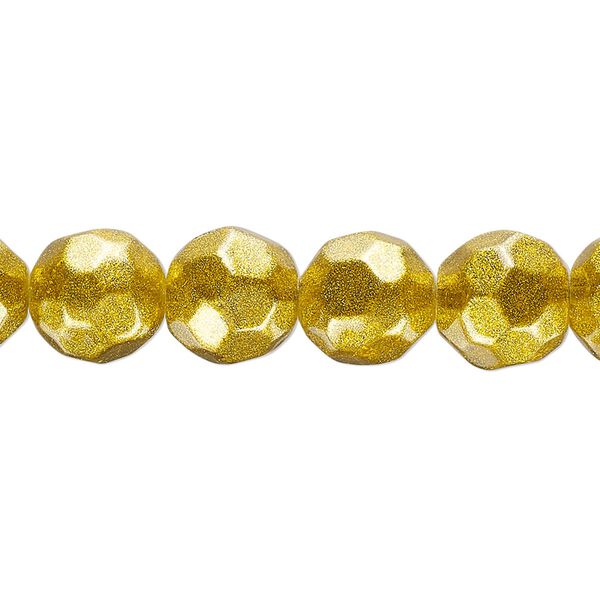 Bead, glass, translucent gold, 9-10mm faceted round with glitter. Sold per 8-inch strand, approximately 20 beads. image number 0