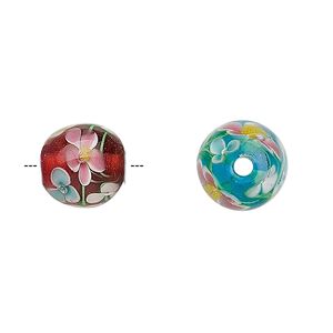 Bead mix, lampworked glass, mixed colors, 14x12mm barrel with flowers, 2.8-2.9mm hole. Sold per pkg of 2.