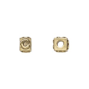 Bead, antique gold-plated pewter (tin-based alloy), 8x6mm rectangle with alphabet letter "C." Sold per pkg of 4.
