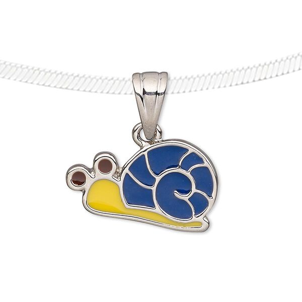 Pendant, enamel and silver-plated pewter (tin-based alloy), blue / yellow / brown, 22x13mm snail. Sold individually. image number 0