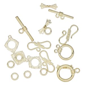 Clasp, toggle and hook-and-eye, gold-finished brass, assorted sizes. Sold per pkg of 8.