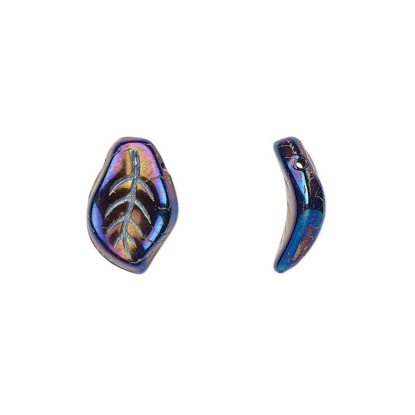 Bead, Czech pressed glass, iris blue, 14x9mm top-drilled leaf. Sold per 15-1/2" to 16" strand, approximately 60 beads. image number 0