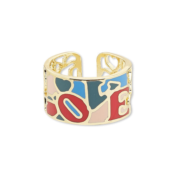 Ring, Avant-Garde Jewelry Collection, enamel and gold-plated brass, multicolored, 12mm wide with cutout and abstract design with "LOVE," adjustable. Sold individually. image number 0