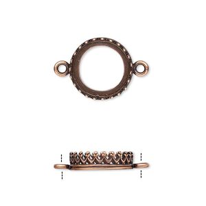 Link, JBB Findings, antique copper-plated brass, 13.5mm round with open back and decorative trim, 12mm round bezel setting. Sold per pkg of 2.