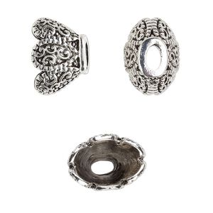 Cone, antique silver-finished "pewter" (zinc-based alloy), 16x11.5x11mm flat oval flower, 12x8mm inside diameter. Sold per pkg of 6.