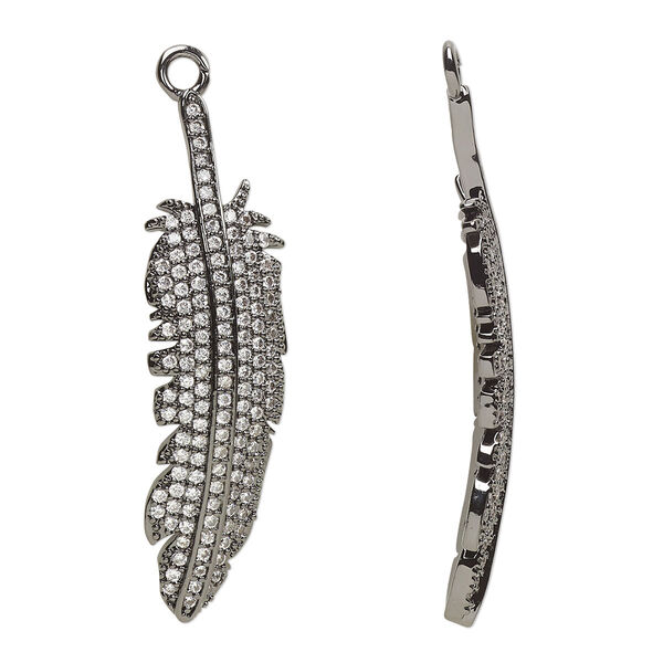 Focal, cubic zirconia and black-finished brass, clear, 45x13mm single-sided feather. Sold individually. image number 0