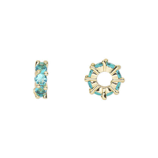 Bead, cubic zirconia and gold-plated brass, aqua, 10.5x3.5mm rondelle. Sold per pkg of 2. image number 0