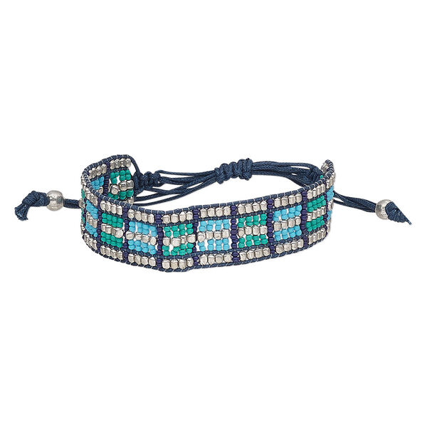 Bracelet, waxed cotton cord / glass / silver-plated steel, turquoise blue / blue-green / purple, 18mm wide, adjustable from 6-1/2 to 9-1/2 inches with macramé knot closure. Sold individually. image number 0
