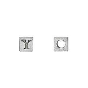 Bead, antiqued pewter (tin-based alloy), 7mm cube with Greek letter, UPSILON. Sold per pkg of 4.