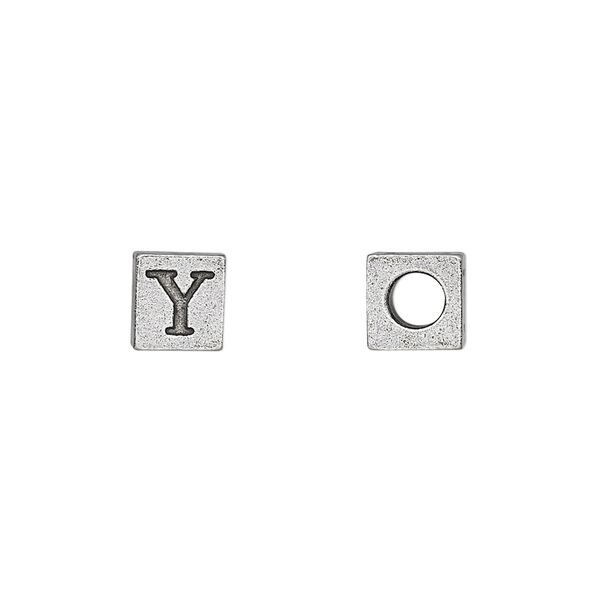 Bead, antiqued pewter (tin-based alloy), 7mm cube with Greek letter, UPSILON. Sold per pkg of 4. image number 0