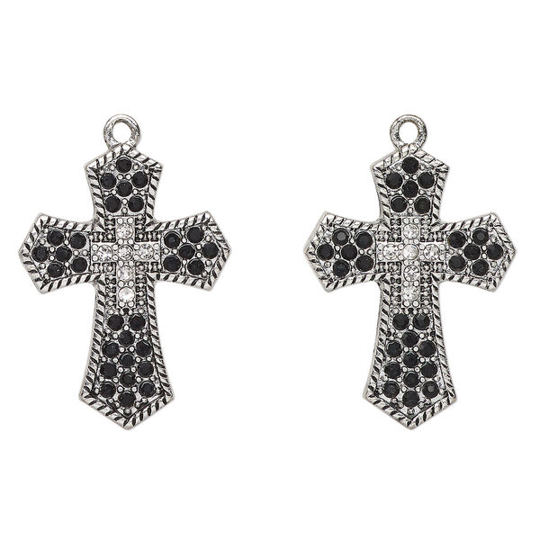 Drop, antique silver-finished "pewter" (zinc-based alloy) and glass, clear and black, 29x22mm cross. Sold per pkg of 2. image number 0