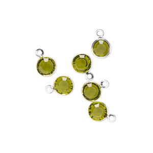 Drop, glass rhinestone and silver-finished brass, peridot green, 6-6.5mm faceted round. Sold per pkg of 6.