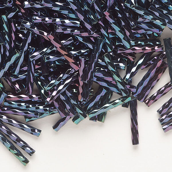 Bugle bead, Dyna-Mites™, glass, opaque iris blue, 12mm twisted. Sold per 50-gram pkg. image number 0