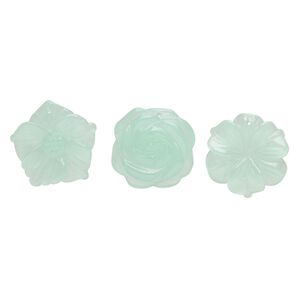 Focal mix, glass, translucent mint green, 35x30mm-35x34mm top-drilled carved flower. Sold per pkg of 3.