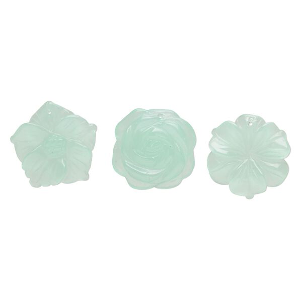 Focal mix, glass, translucent mint green, 35x30mm-35x34mm top-drilled carved flower. Sold per pkg of 3. image number 0