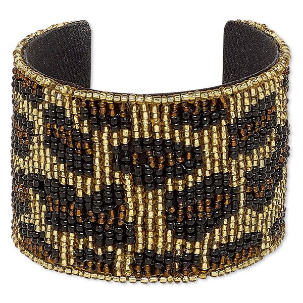 Bracelet, cuff, cotton / glass / steel, black / brown / gold, 52mm wide with cheetah print, adjustable from 6 to 6-1/2 inches. Sold individually. image number 0