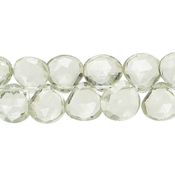 Bead, green quartz (heated), light, 9x8mm-12mm hand-cut top-drilled faceted puffed teardrop, B+ grade, Mohs hardness 7. Sold per 7-inch strand, approximately 40 beads. image number 0