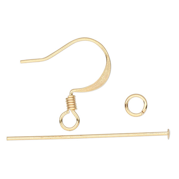 Earring finding assortment 1pkg60 gold-plated, 16mm fishhook ear wire / 1.125 inch head pin / 4mm jump ring, 22 gauge brass image number 1