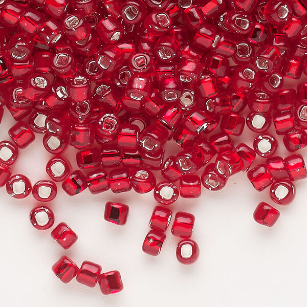 Seed bead, Dyna-Mites™, glass, silver-lined transparent ruby red, #6 round with square hole. Sold per 40-gram pkg. image number 0