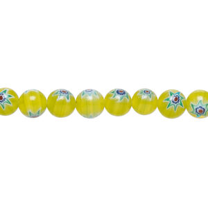 Bead, millefiori glass 1pkg1, translucent bright yellow-green and multicolored, 6mm round, 15 inches.