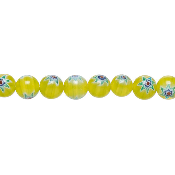 Bead, millefiori glass 1pkg1, translucent bright yellow-green and multicolored, 6mm round, 15 inches. image number 0