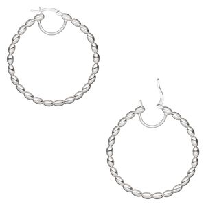 Hoop, sterling silver, 45mm beaded round with closed loop, 19 gauge. Sold per pair.