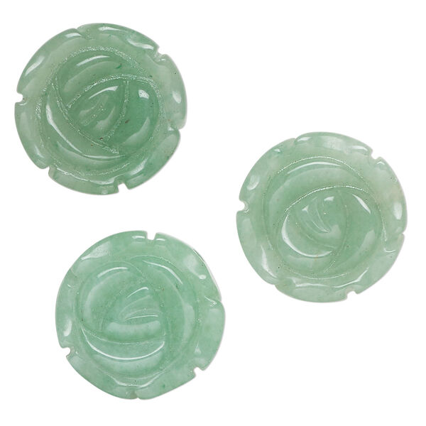 Bead 1pkg3 green aventurine, 19-20mm half-drilled / center-drilled carved flower B- grade, natural image number 0