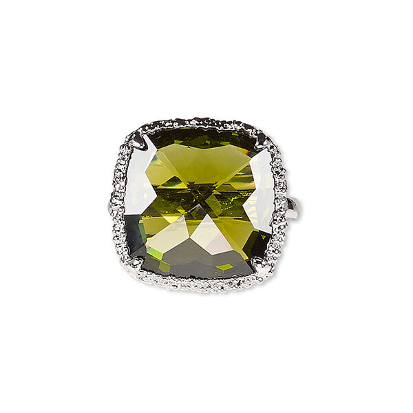 Ring, glass and rhodium-plated brass, green, 19x19mm square, size 8. Sold individually. image number 0