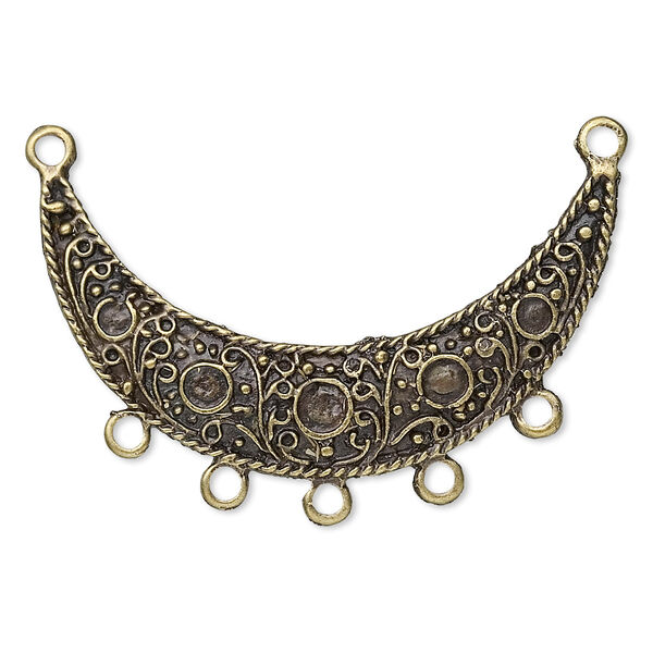 Focal, antique brass-plated "pewter" (zinc-based alloy), 53x29mm crescent moon, 2/5 loops. Sold per pkg of 2. image number 0