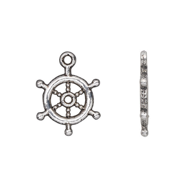 Charm, antique silver-plated "pewter" (zinc-based alloy), 17x15mm double-sided ship's helm wheel. Sold per pkg of 20. image number 0