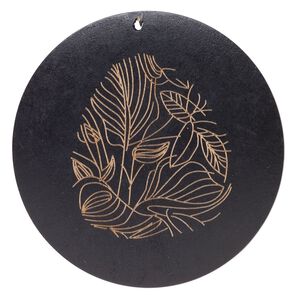 Focal, wood (natural / dyed), black and tan, 58-60mm top-drilled carved round with leaf. Sold individually.