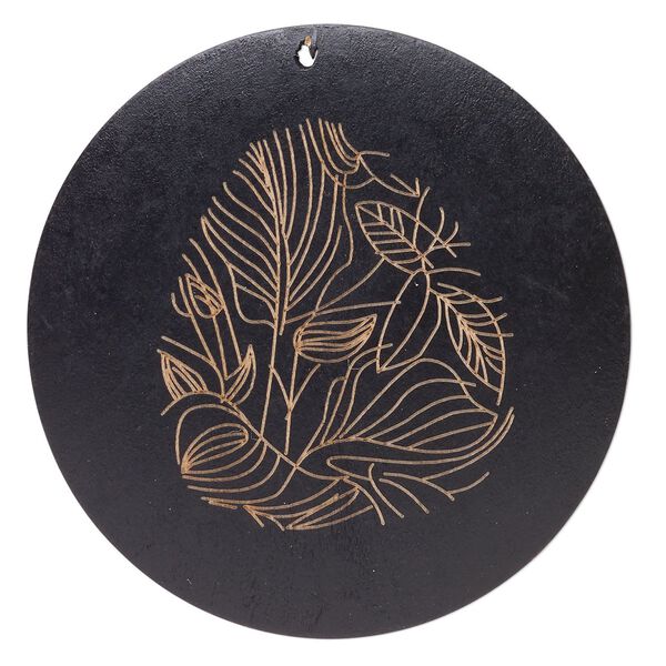 Focal, wood (natural / dyed), black and tan, 58-60mm top-drilled carved round with leaf. Sold individually. image number 0