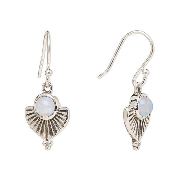 Earring, Create Compliments®, antiqued sterling silver and rainbow moonstone (natural), fishhook, 28mm with 14x11.5mm single-sided fan, 21 gauge. Sold per pair. image number 0