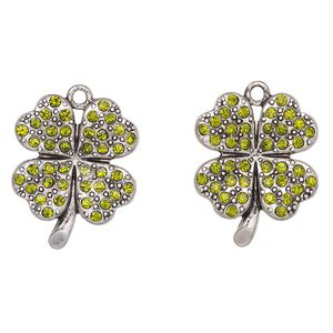 Charm, antique silver-finished "pewter" (zinc-based alloy) and glass, green, 24x20mm shamrock. Sold per pkg of 2.