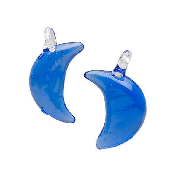 Drop, lampworked glass, translucent blue and clear, 20x11mm-21x15mm moon. Sold per pkg of 2. image number 0