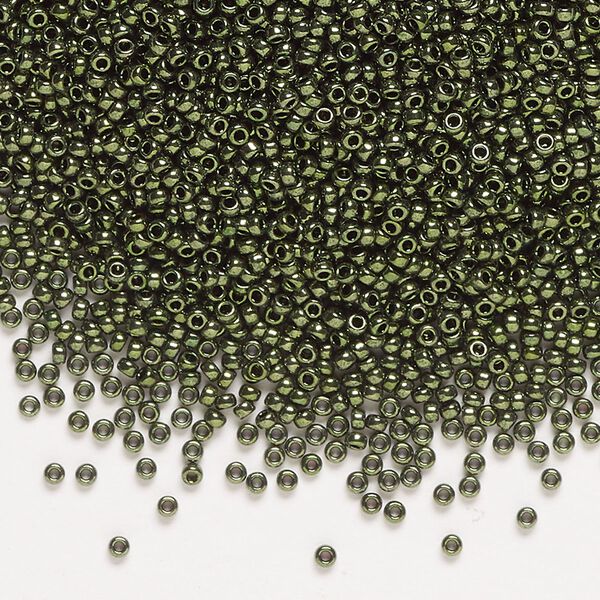 Seed bead, Miyuki, glass, pkg/35g, #15 rocaille, opaque metallic olive (RR-459). image number 0