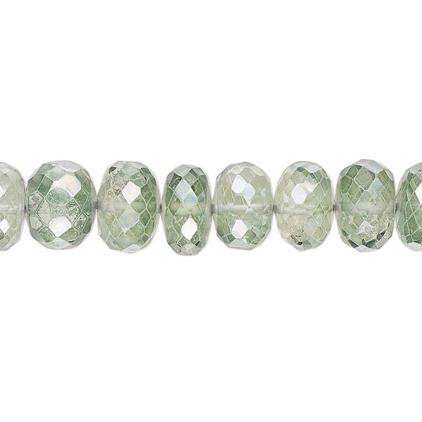 Bead, quartz crystal (coated), green, 9x4mm-10x7mm hand-cut faceted rondelle, B grade, Mohs hardness 7. Sold per 7-inch strand, approximately 30 beads. image number 0