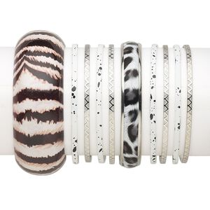 Bracelet mix, bangle, vinyl / polyester / silver-finished steel, white and black, 3-29mm wide with mixed design, 8 inches. Sold per 10-piece set.