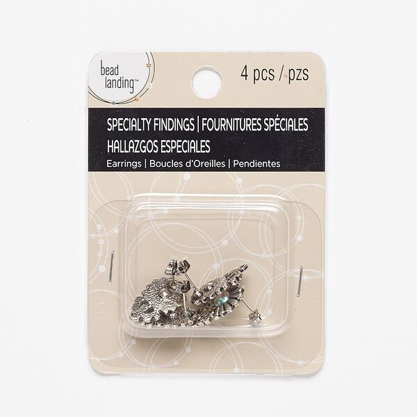 Earstud, glass rhinestone with antiqued silver-finished steel and "pewter" (zinc-based alloy), clear AB, 17x13mm flower with closed loop. Sold per pkg of 2 pairs. image number 0